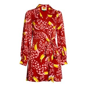 Farm Rio Toucanissimo Print Wrap Long Sleeve Burgundy Dress (Size: M)
